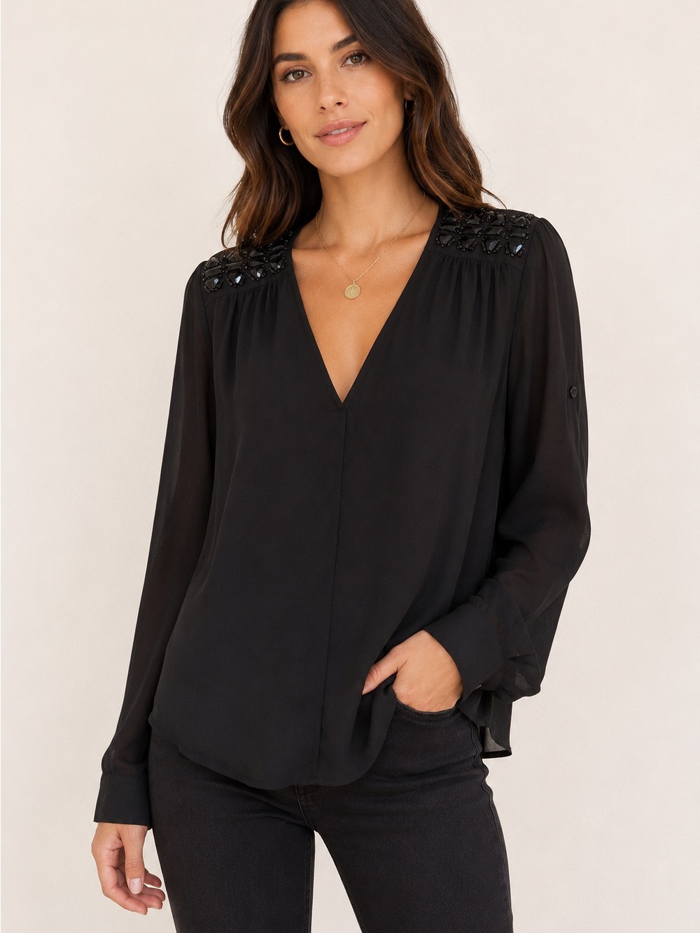 BCBGMaxAzria Black Beaded Shoulder V-Neck Blouse